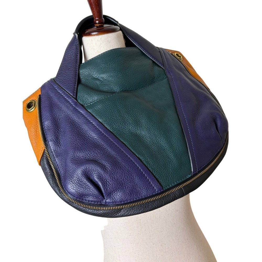 Yany Colorblock Leather Hobo Bag Purple Teal Orange MA036‎ Zipper Detail